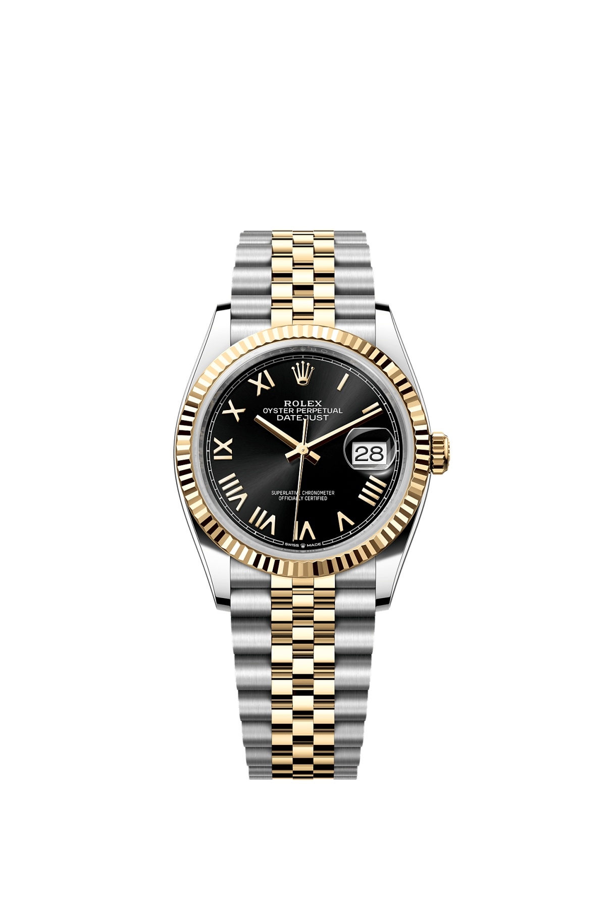 Rolex 126233-0055 : Datejust 36 Stainless Steel - Yellow Gold - Fluted / Black Roman / Jubilee