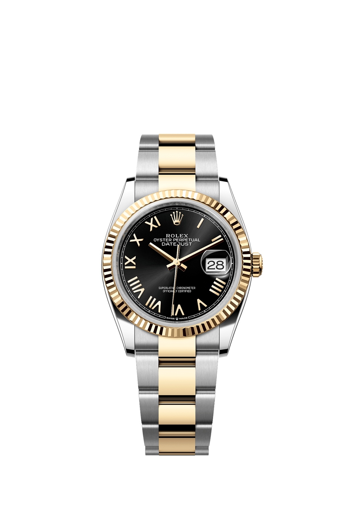 Rolex 126233-0056 : Datejust 36 Stainless Steel - Yellow Gold - Fluted / Black Roman / Oyster