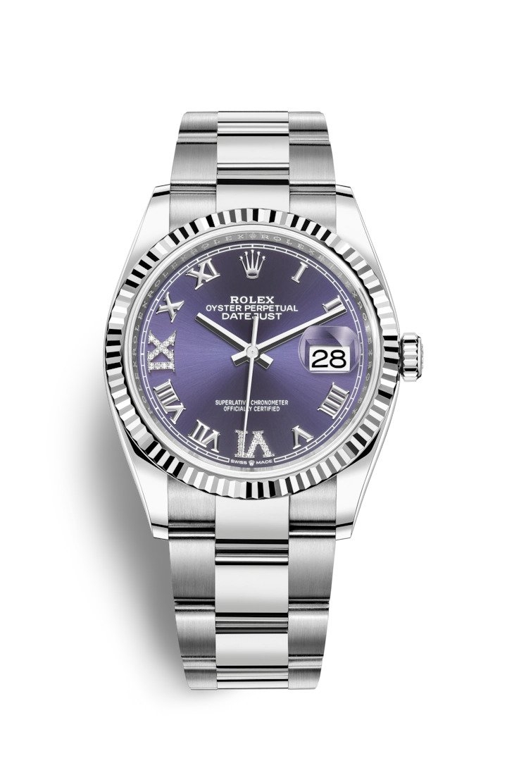 Rolex 126234-0022 : Datejust 36 Stainless Steel / Fluted / Aubergine Roman-Diamonds / Oyster
