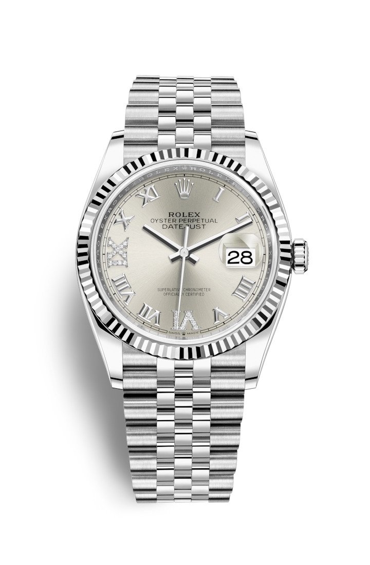 Rolex 126234-0029 : Datejust 36 Stainless Steel / Fluted / Silver Roman-Diamonds / Jubilee