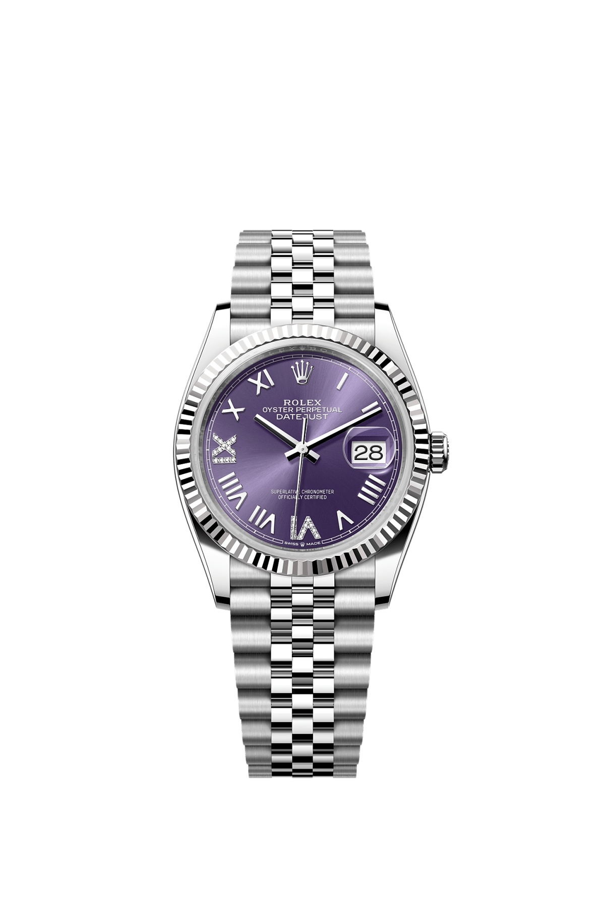 Rolex 126234-0063 : Datejust 36 Stainless Steel - Fluted / Aubergine Roman Diamond / Jubilee