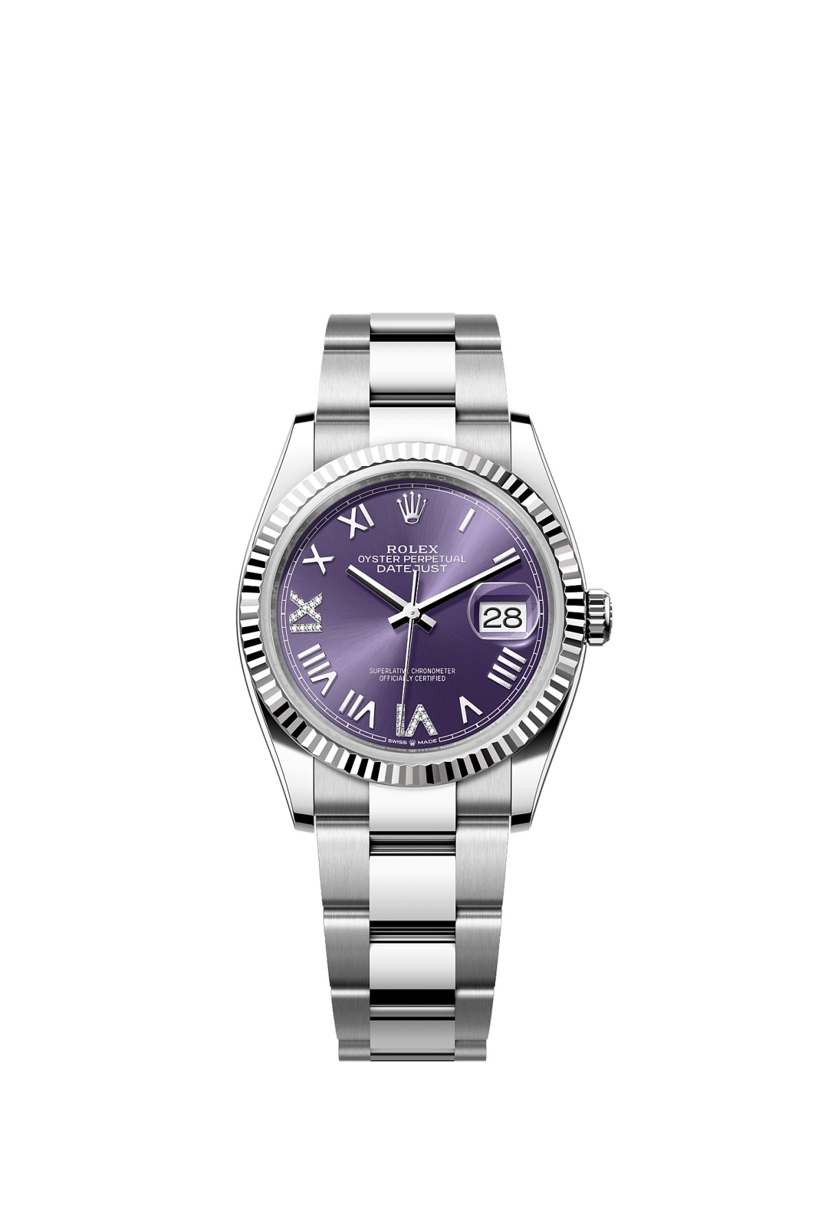 Rolex 126234-0064 : Datejust 36 Stainless Steel - Fluted / Aubergine Roman Diamond / Oyster