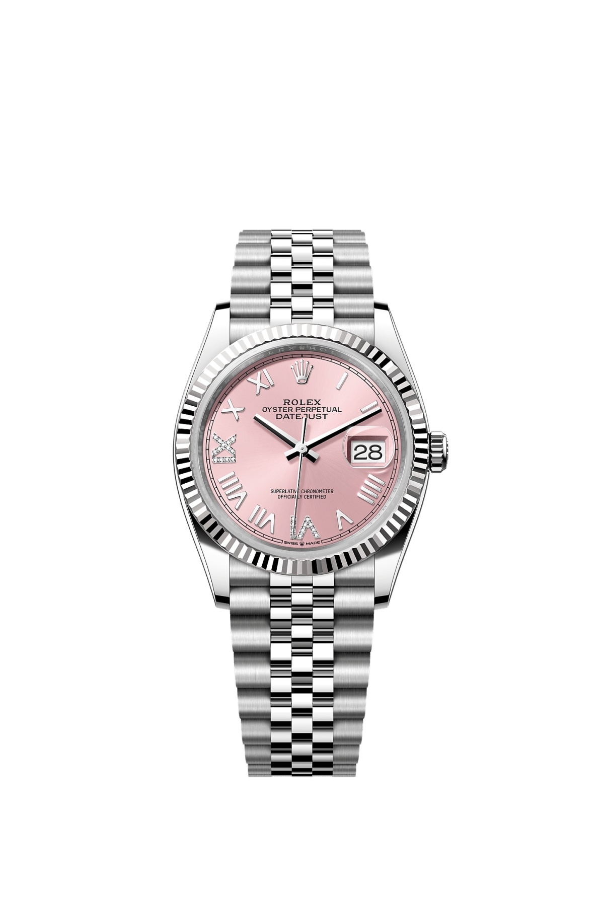 Rolex 126234-0065 : Datejust 36 Stainless Steel - Fluted / Pink Roman Diamond / Jubilee