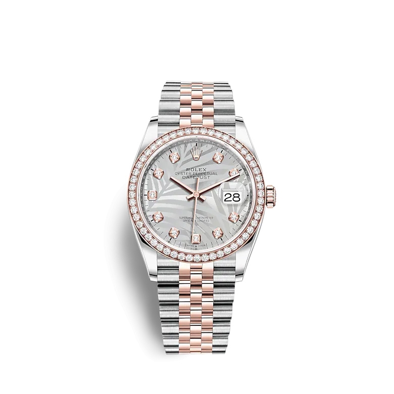 Rolex 126281RBR-0025 : Datejust 36 Stainless Steel / Everose / Diamond / Silver - Palm - Diamond / Jubilee