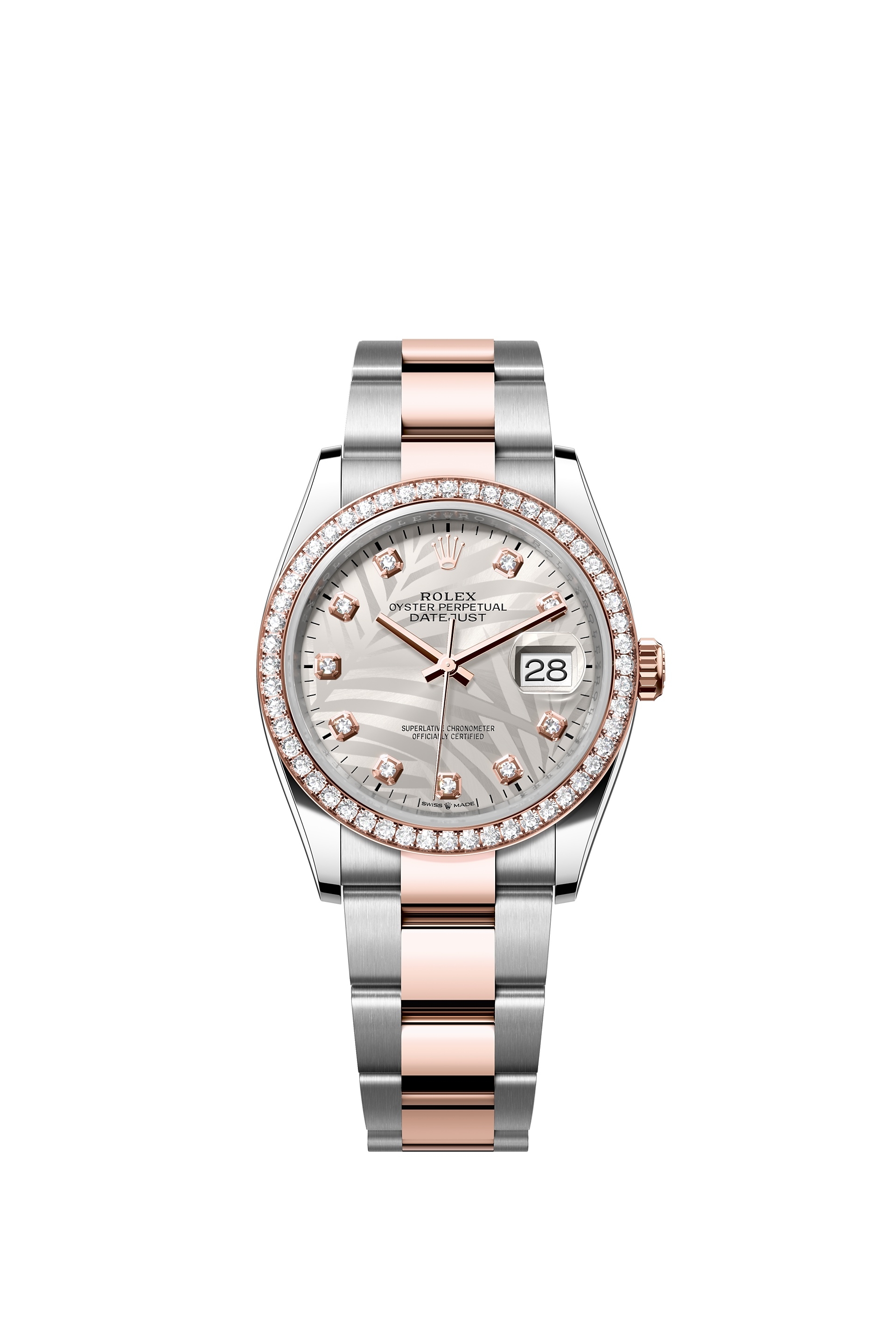 Rolex 126281RBR-0026 : Datejust 36 Stainless Steel / Everose / Diamond / Silver - Palm - Diamond / Oyster