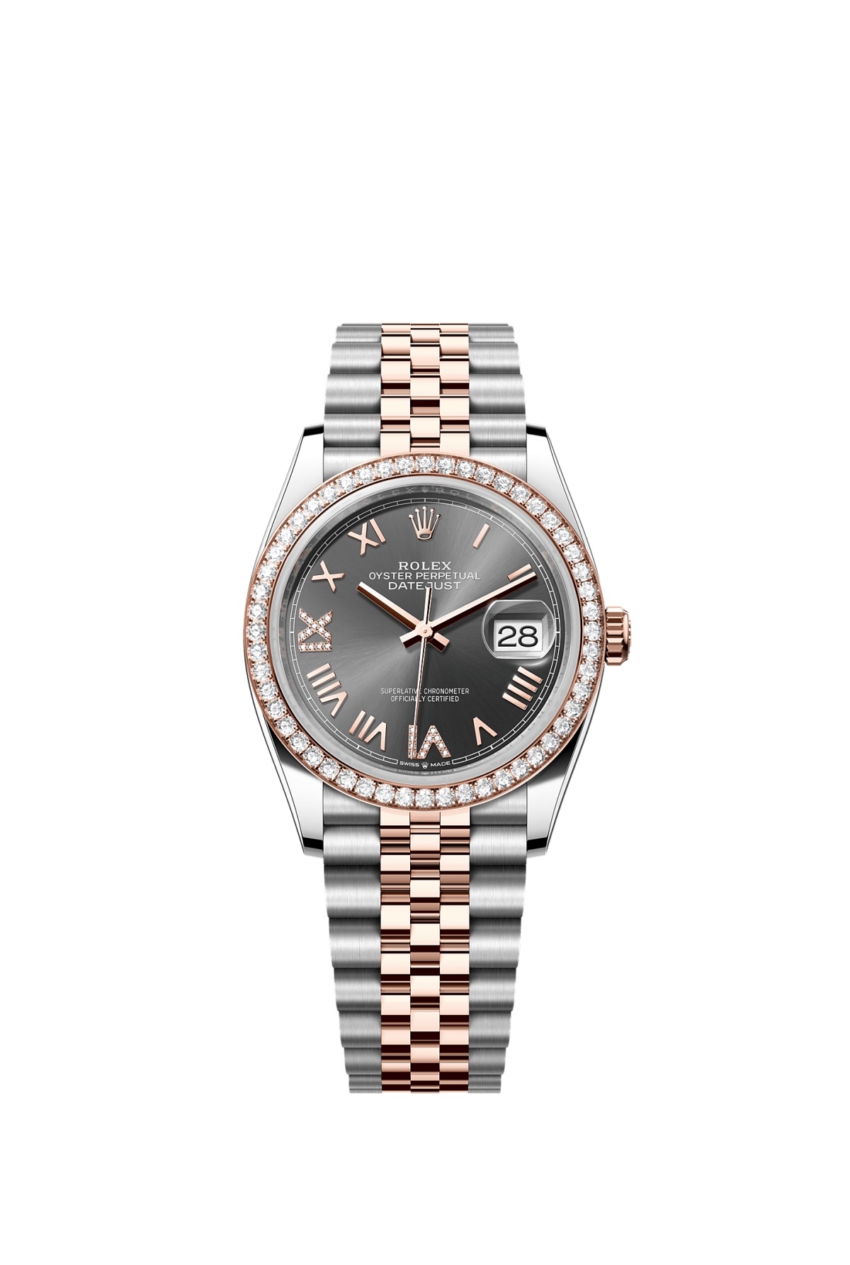 Rolex 126281RBR-0035 : Datejust 36 Stainless Steel - Everose - Diamond / Slate Roman Diamond / Jubilee