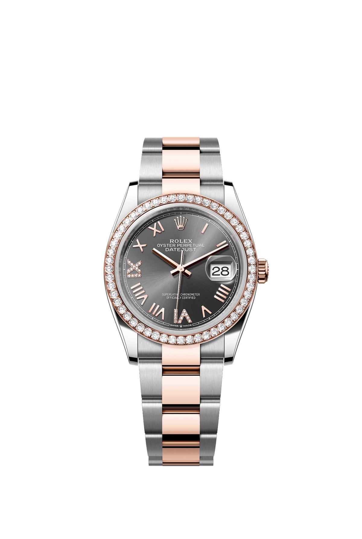 Rolex 126281RBR-0036 : Datejust 36 Stainless Steel - Everose - Diamond / Slate Roman Diamond / Oyster