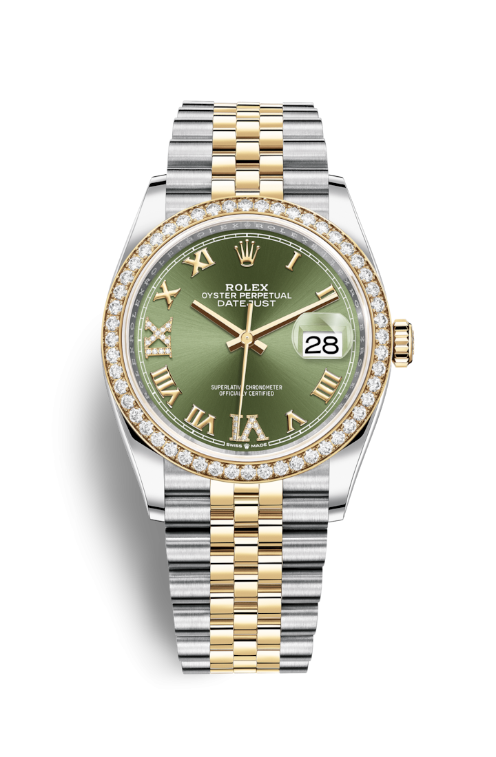 Rolex 126283RBR-0011 : Datejust 36 Stainless Steel / Yellow Gold / Diamond / Olive Green Roman Diamond / Jubilee