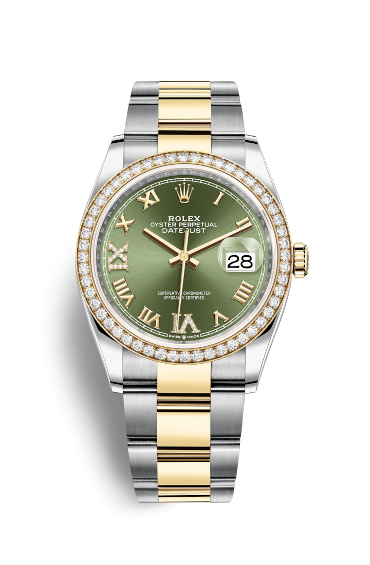 Rolex 126283RBR-0012 : Datejust 36 Stainless Steel / Yellow Gold / Diamond / Olive Green Roman Diamond / Oyster