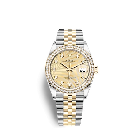 Rolex 126283RBR-0029 : Datejust 36 Stainless Steel  - Yellow Gold - Diamond / Champagne - Palm - Diamond / Jubilee