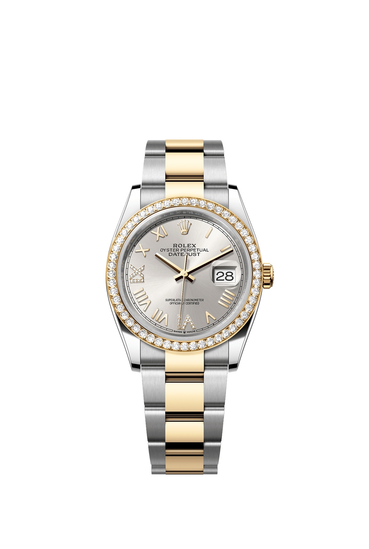 Rolex 126283RBR-0038 : Datejust 36 Stainless Steel  - Yellow Gold - Diamond / Silver Roman Diamond  / Oyster