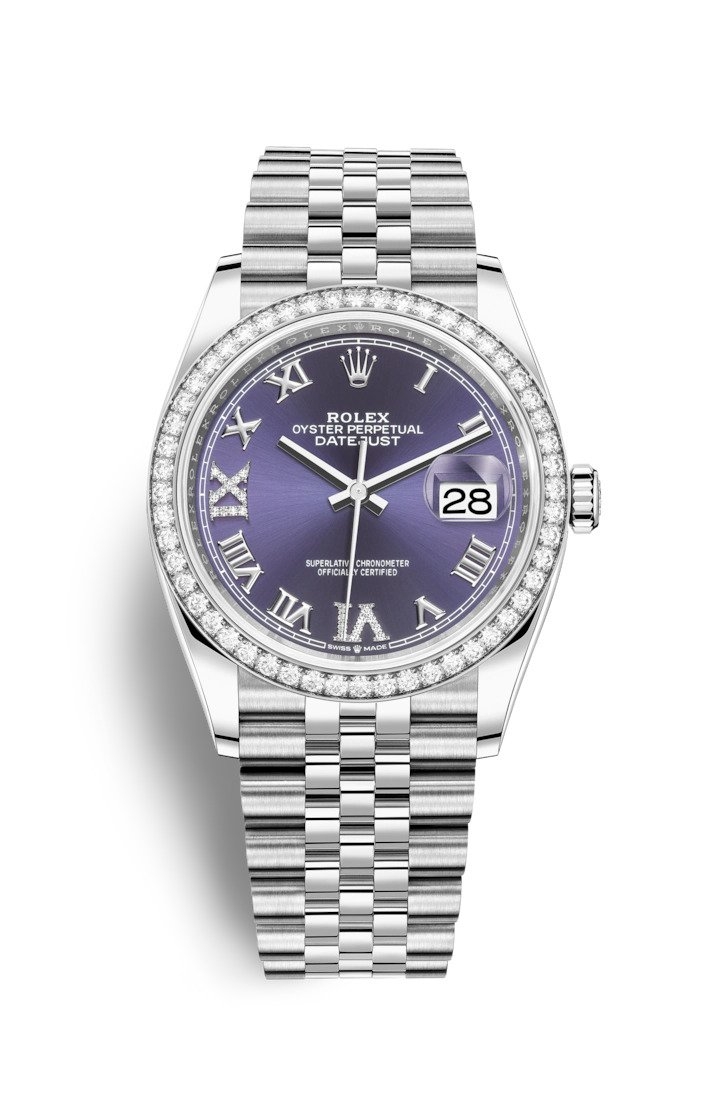 Rolex 126284RBR-0013 : Datejust 36 Stainless Steel / Diamond / Aubergine Roman-Diamonds / Jubilee