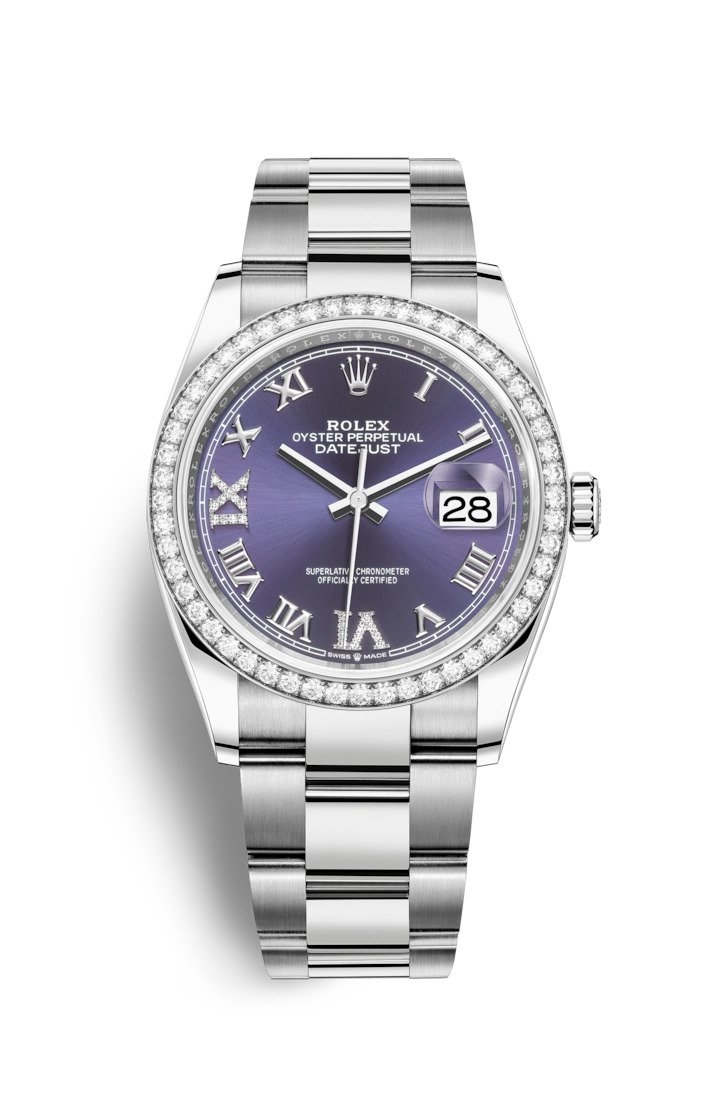 Rolex 126284RBR-0014 : Datejust 36 Stainless Steel / Diamond / Aubergine Roman-Diamonds / Oyster