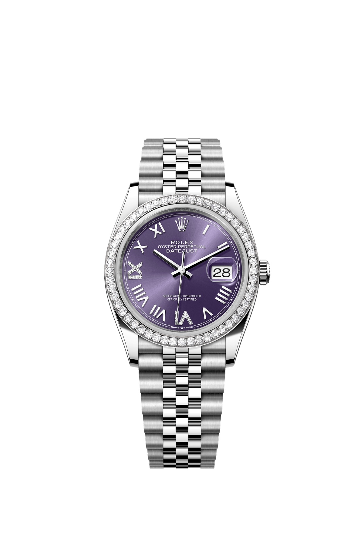 Rolex 126284RBR-0055 : Datejust 36 Stainless Steel - Diamond / Aubergine Roman Diamond / Jubilee