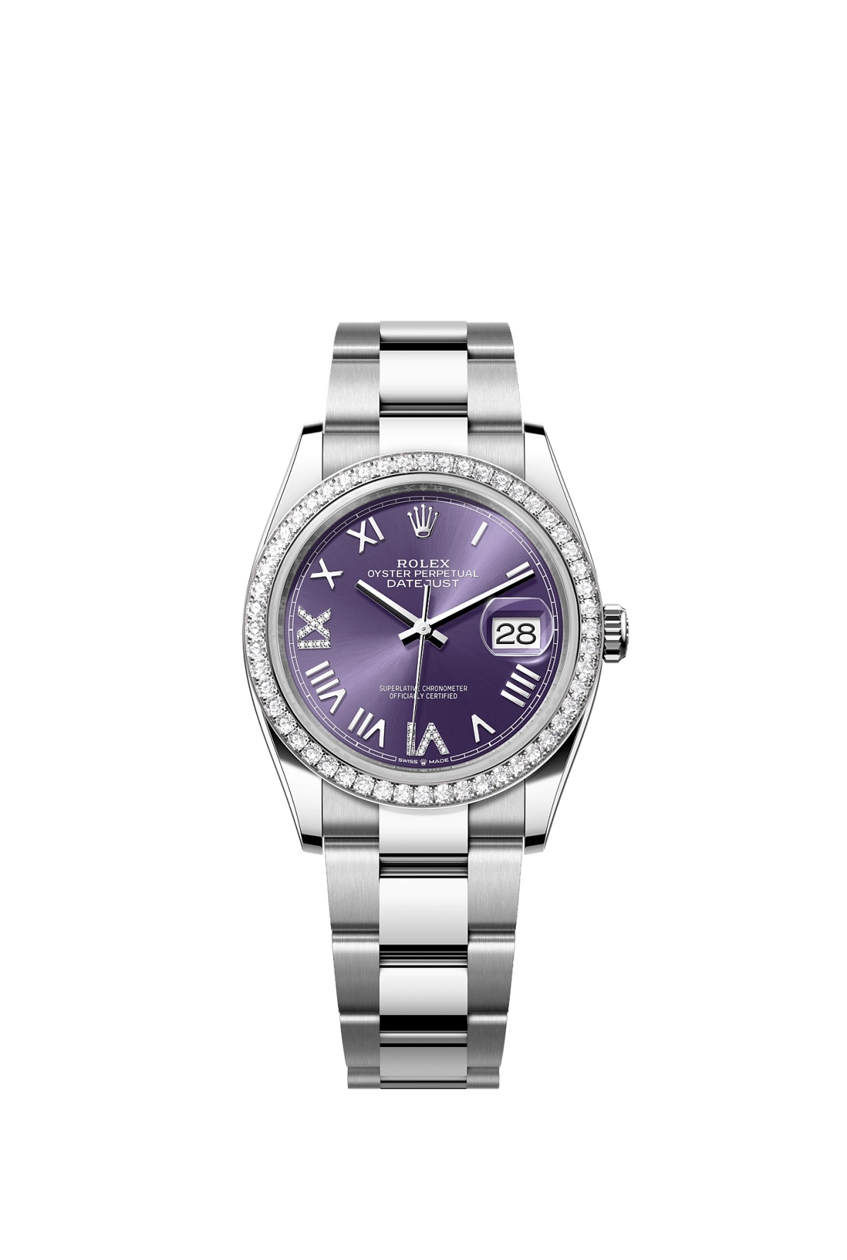 Rolex 126284RBR-0056 : Datejust 36 Stainless Steel - Diamond / Aubergine Roman Diamond / Oyster