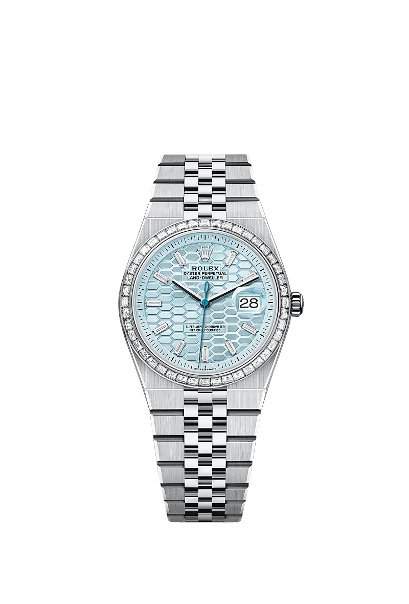 Rolex 127286TBR-0001 : Land-Dweller 36 Platinum - Baguette / Ice Blue  / Flat Jubilee