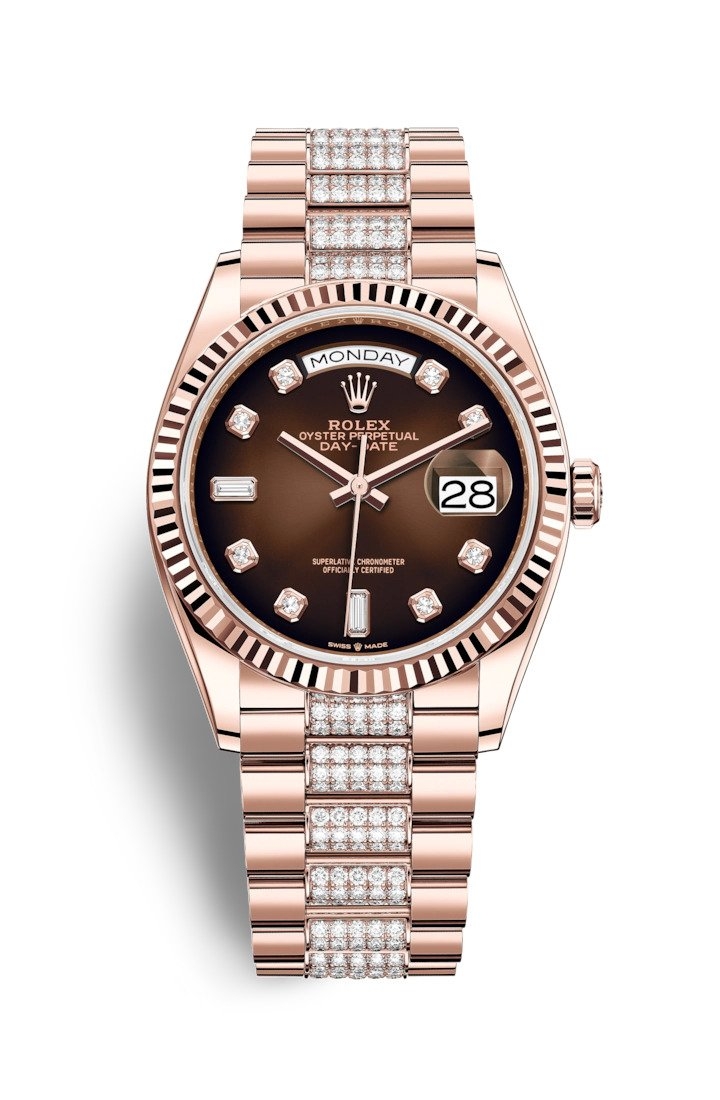 Rolex 128235-0038 : Day-Date 36 Everose Gold / Fluted / Brown Ombré-Diamond / President-Diamond