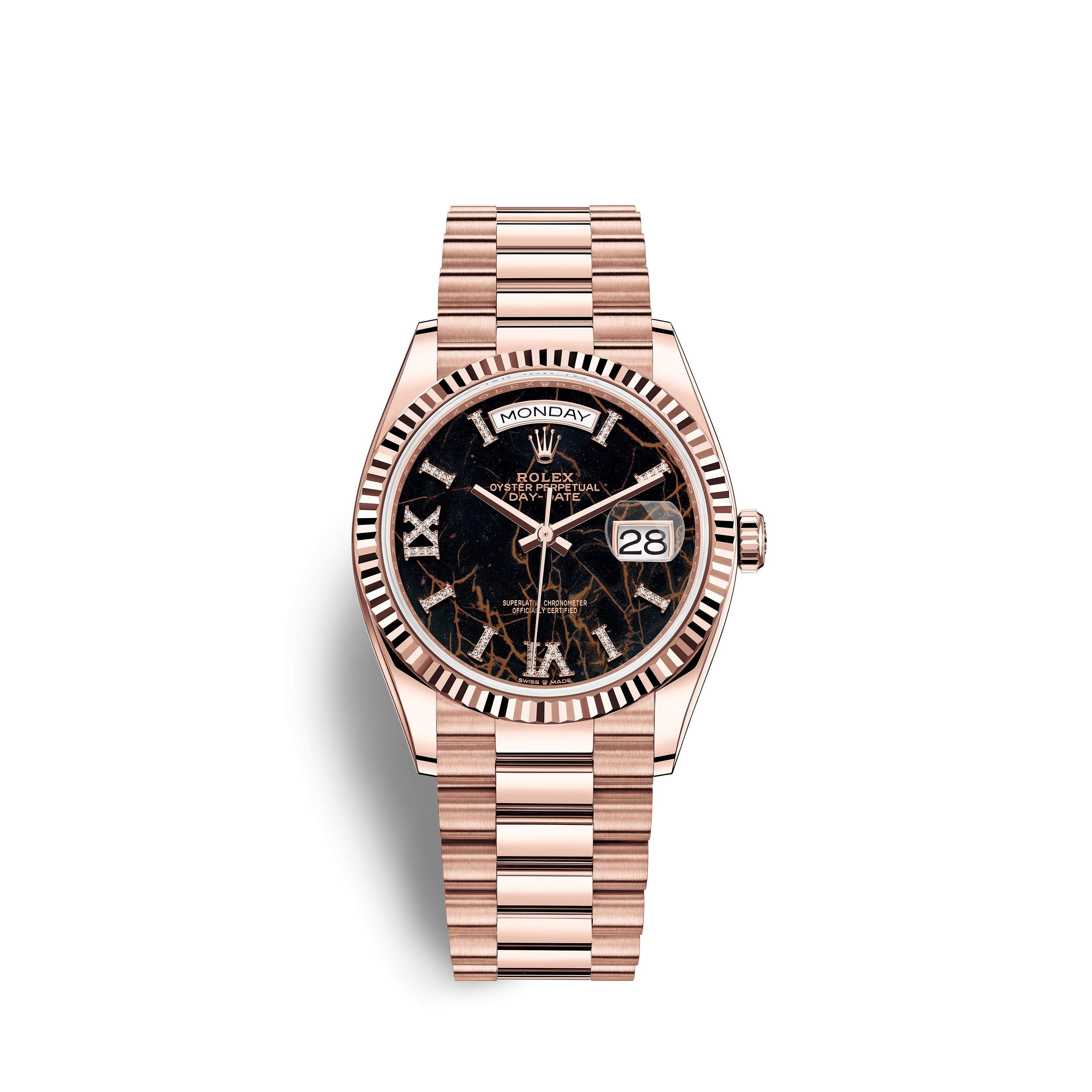 Rolex 128235-0041 : Day-Date 36 Everose Gold / Fluted / Eisenkiesel / President