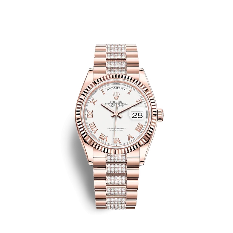 Rolex 128235-0053 : Day-Date 36 Everose Gold / Fluted / White - Roman / President-Diamond