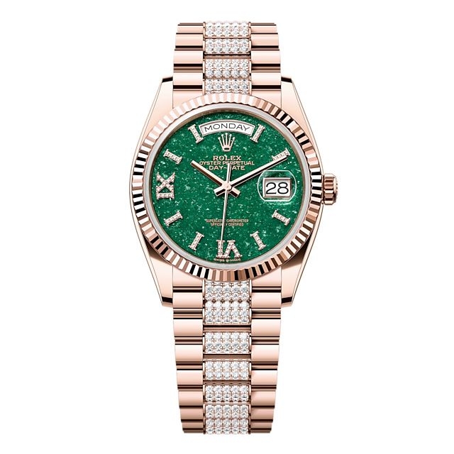Rolex 128235-0069 : Day-Date 36 Everose Gold - Fluted  / Green Aventurine / President - Diamond