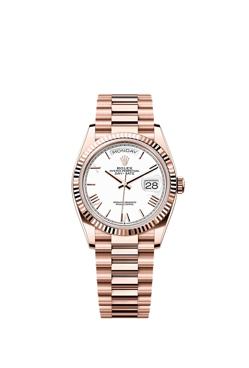 Rolex 128235-0070 : Day-Date 36 Everose Gold / Fluted / White - Roman / President