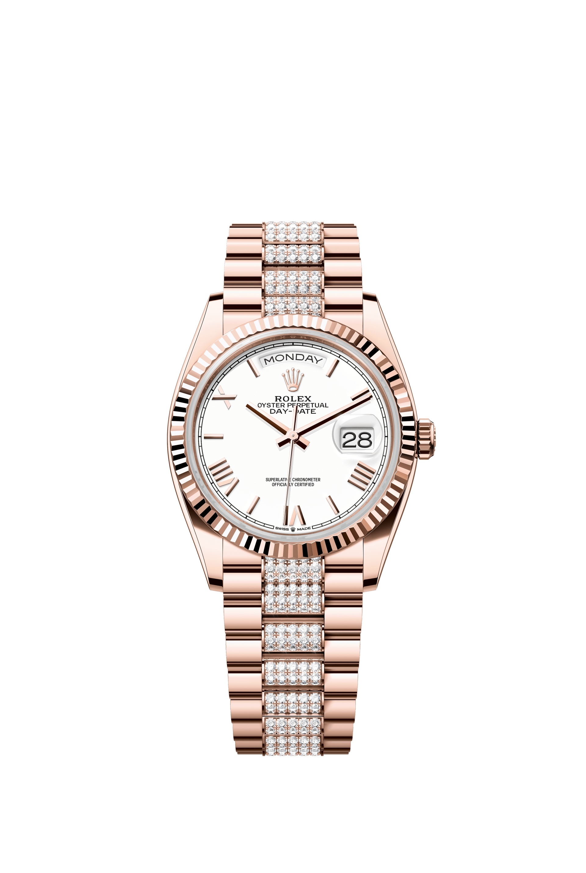 Rolex 128235-0071 : Day-Date 36 Everose Gold - Fluted / White - Roman / President - Diamond