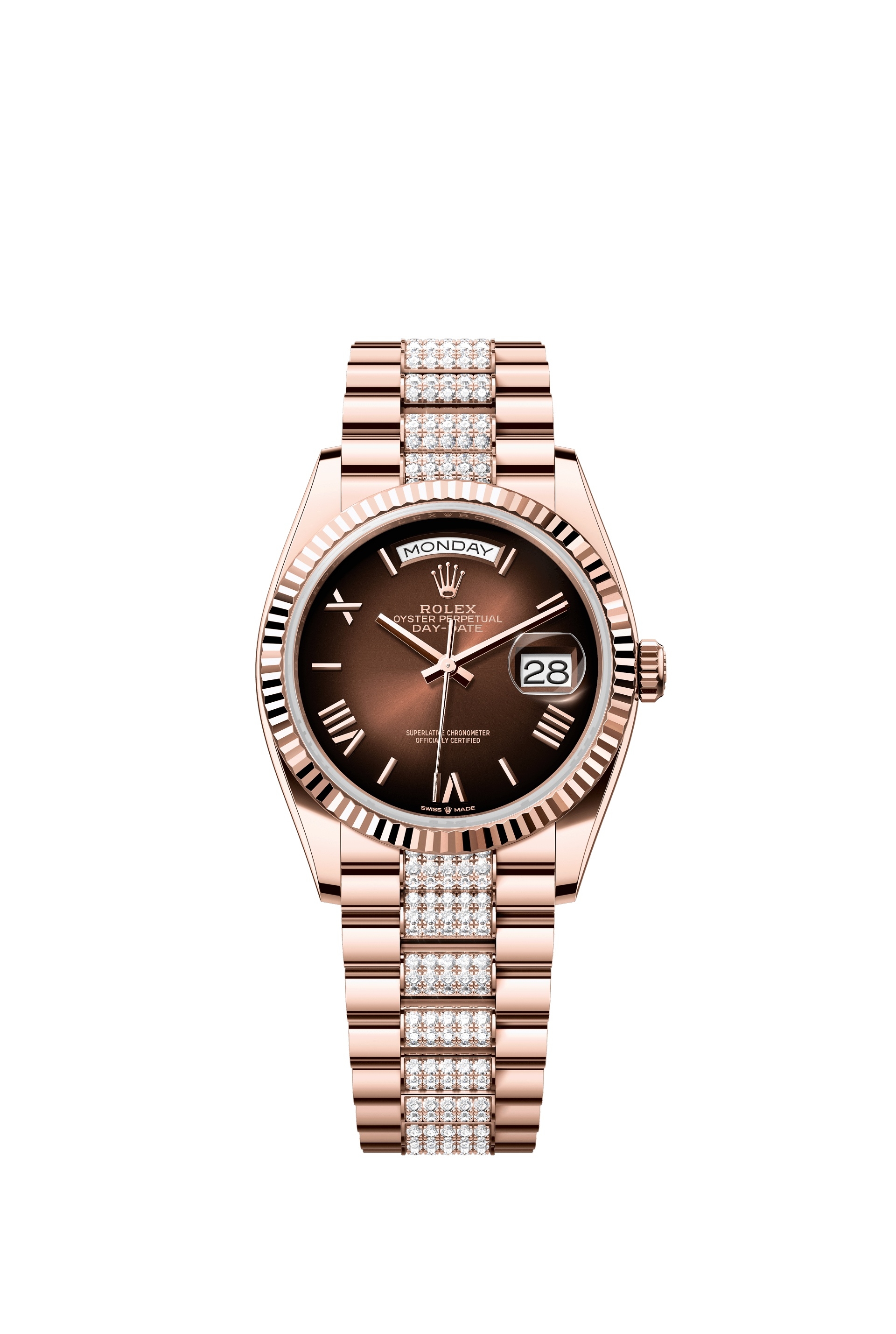 Rolex 128235-0076 : Day-Date 36 Everose Gold - Fluted / Brown Ombré - Roman / President - Diamond