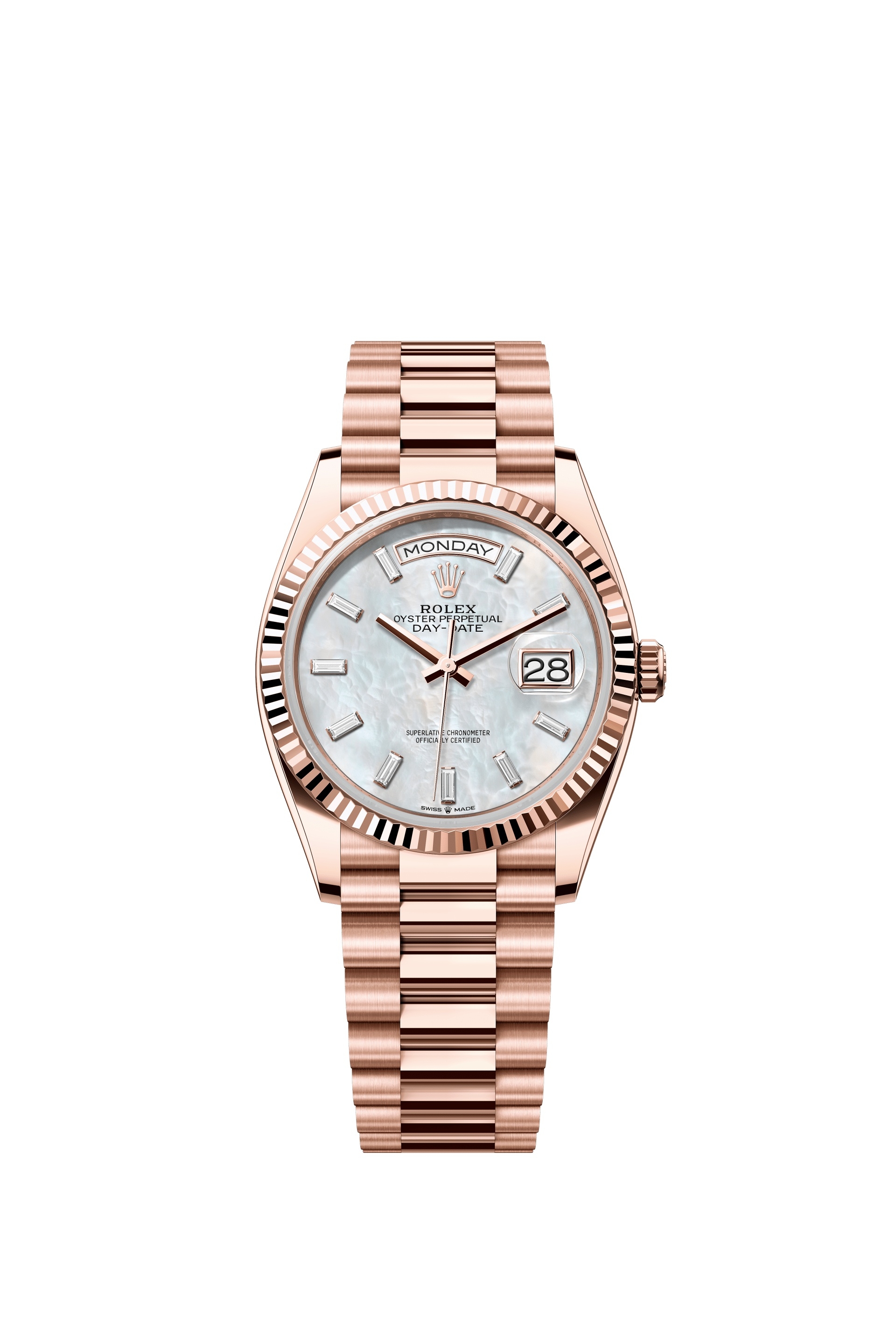 Rolex 128235-0078 : Day-Date 36 Everose Gold - Fluted / MOP - Baguette / President