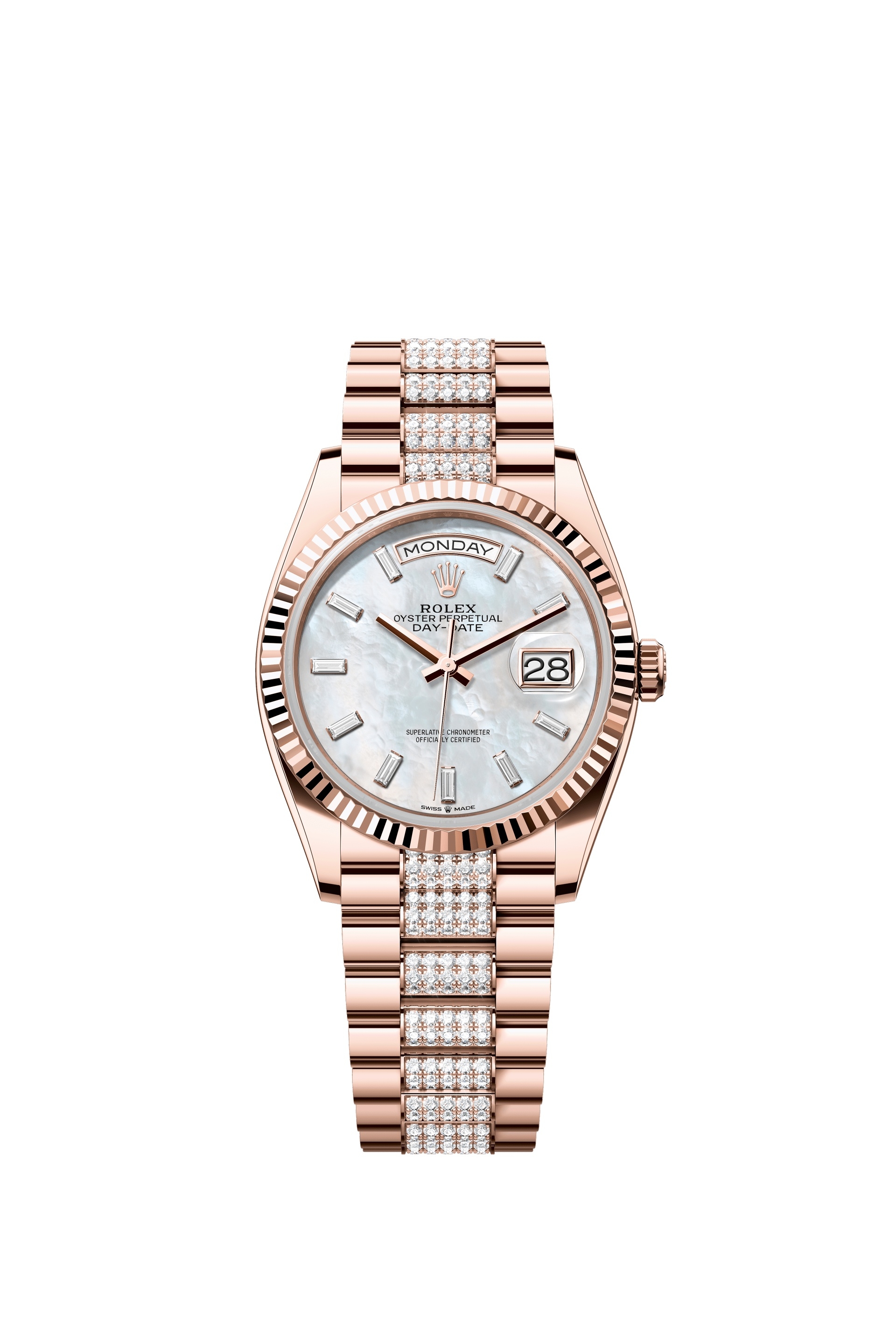 Rolex 128235-0079 : Day-Date 36 Everose Gold - Fluted / MOP - Baguette / President - Diamond