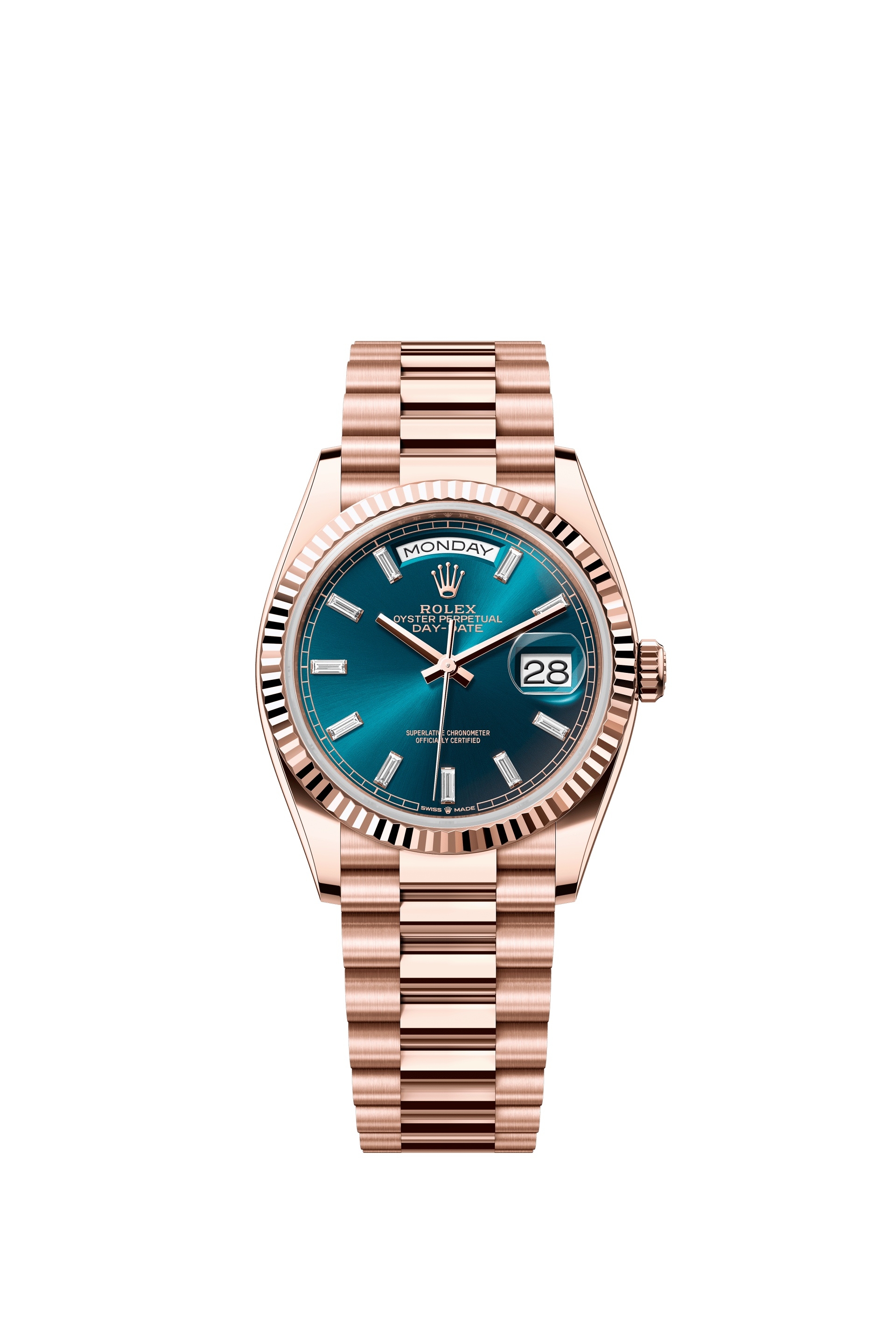 Rolex 128235-0085 : Day-Date 36 Everose Gold - Fluted / Blue-Green - Baguette / President