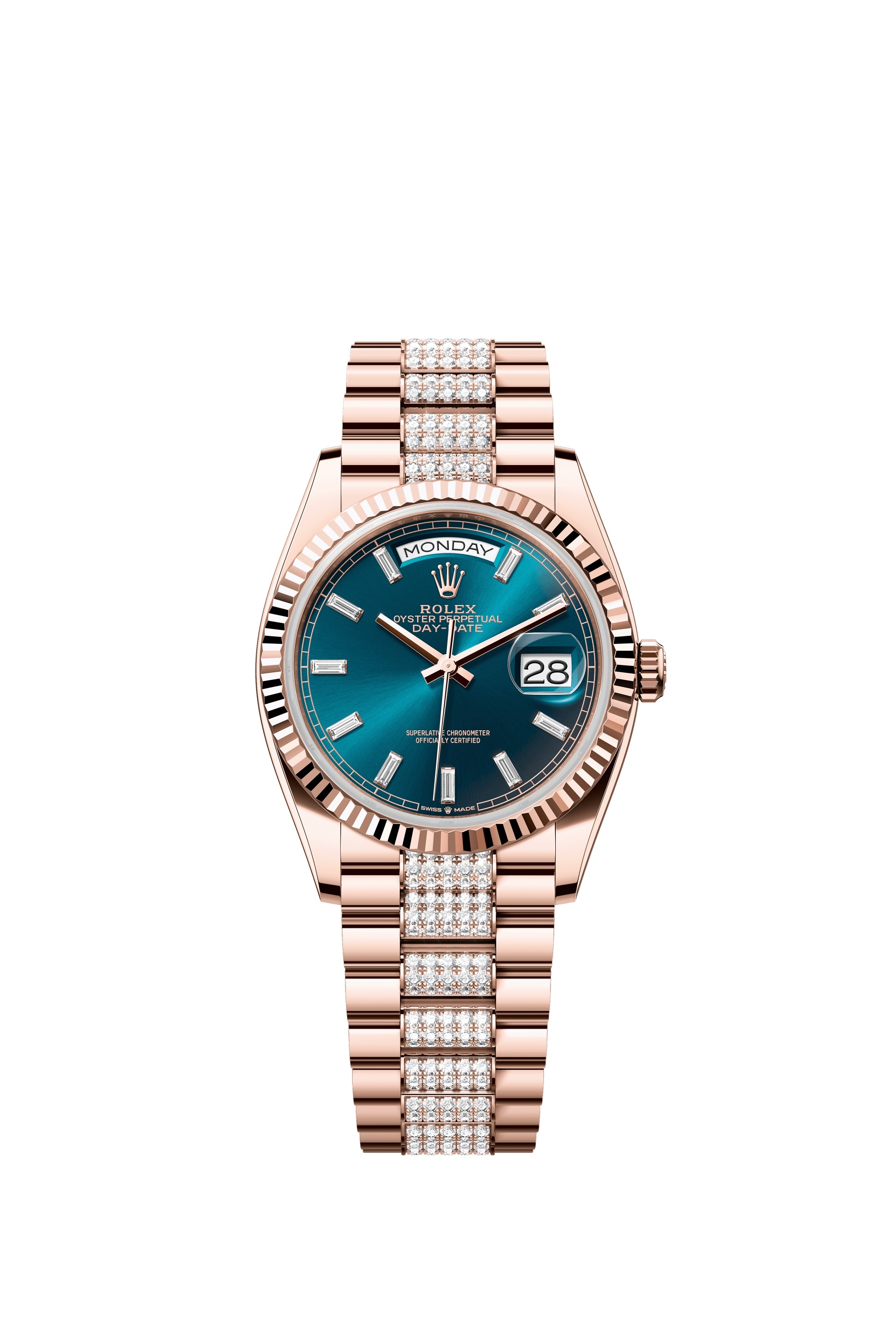 Rolex 128235-0086 : Day-Date 36 Everose Gold - Fluted / Blue-Green - Baguette / President - Diamond