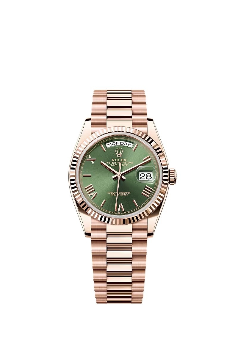 Rolex 128235-0089 : Day-Date 36 Everose Gold - Fluted / Green - Roman / President
