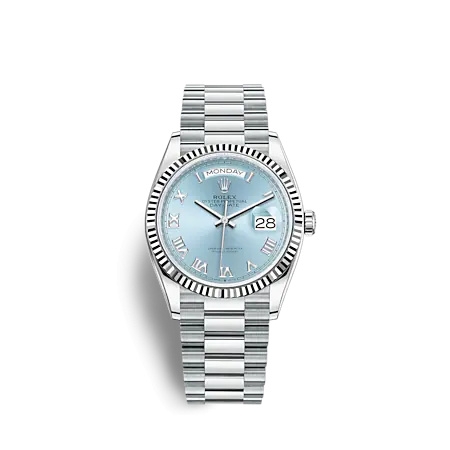 Rolex 128236-0008 : Day-Date 36 Platinum - Fluted / Ice Blue - Roman / President