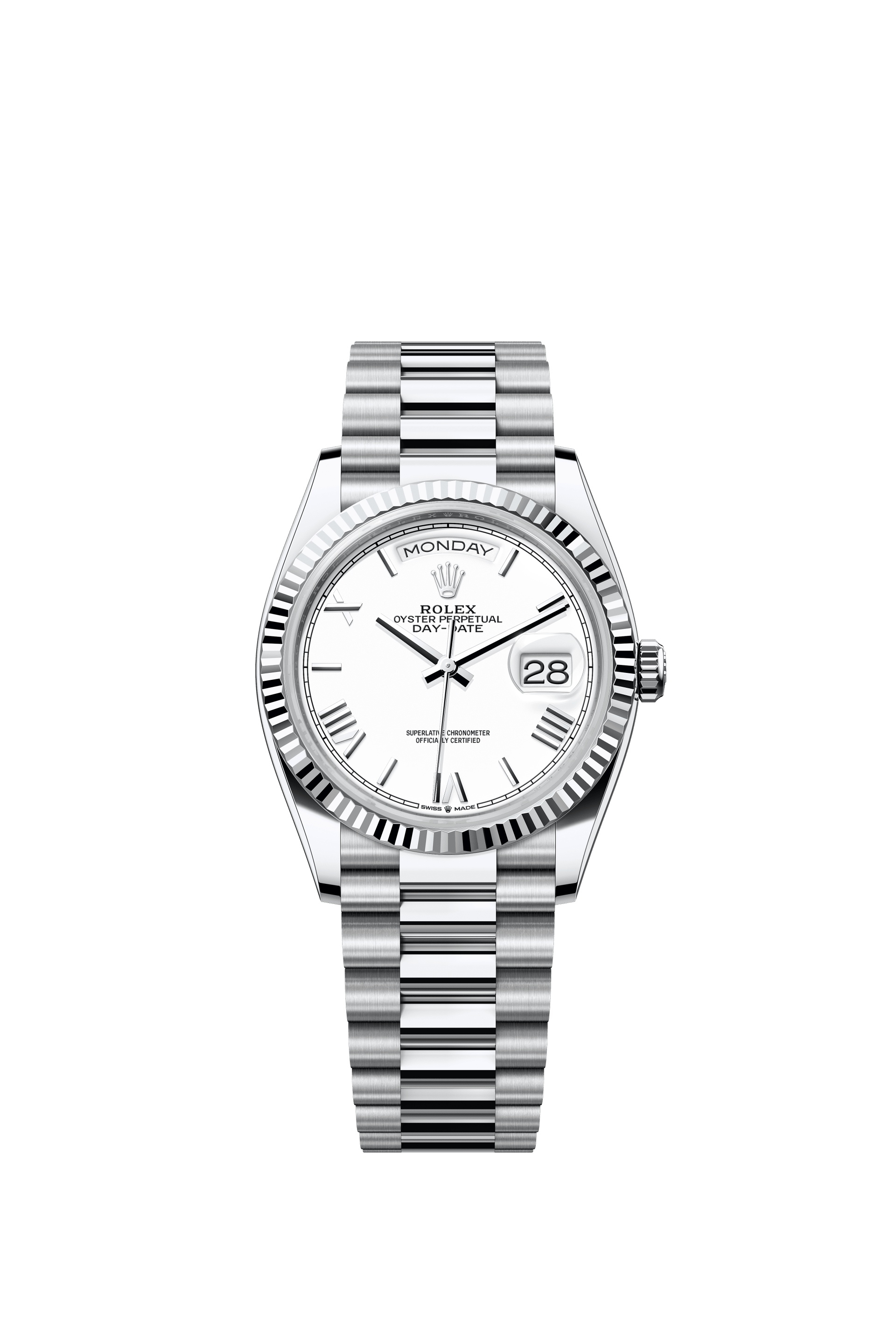 Rolex 128236-0017 : Day-Date 36 Platinum - Fluted / White - Roman / President