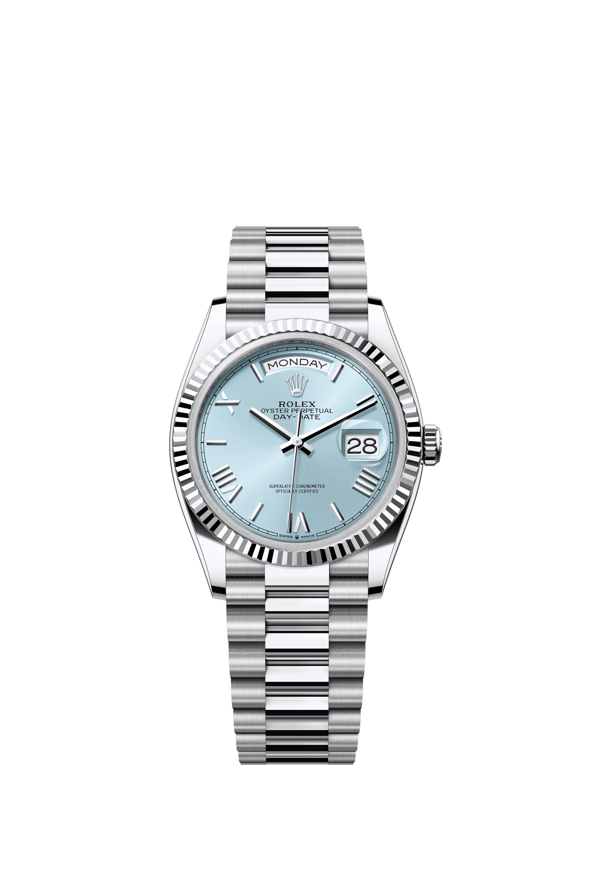 Rolex 128236-0018 : Day-Date 36 Platinum - Fluted / Ice Blue - Roman / President