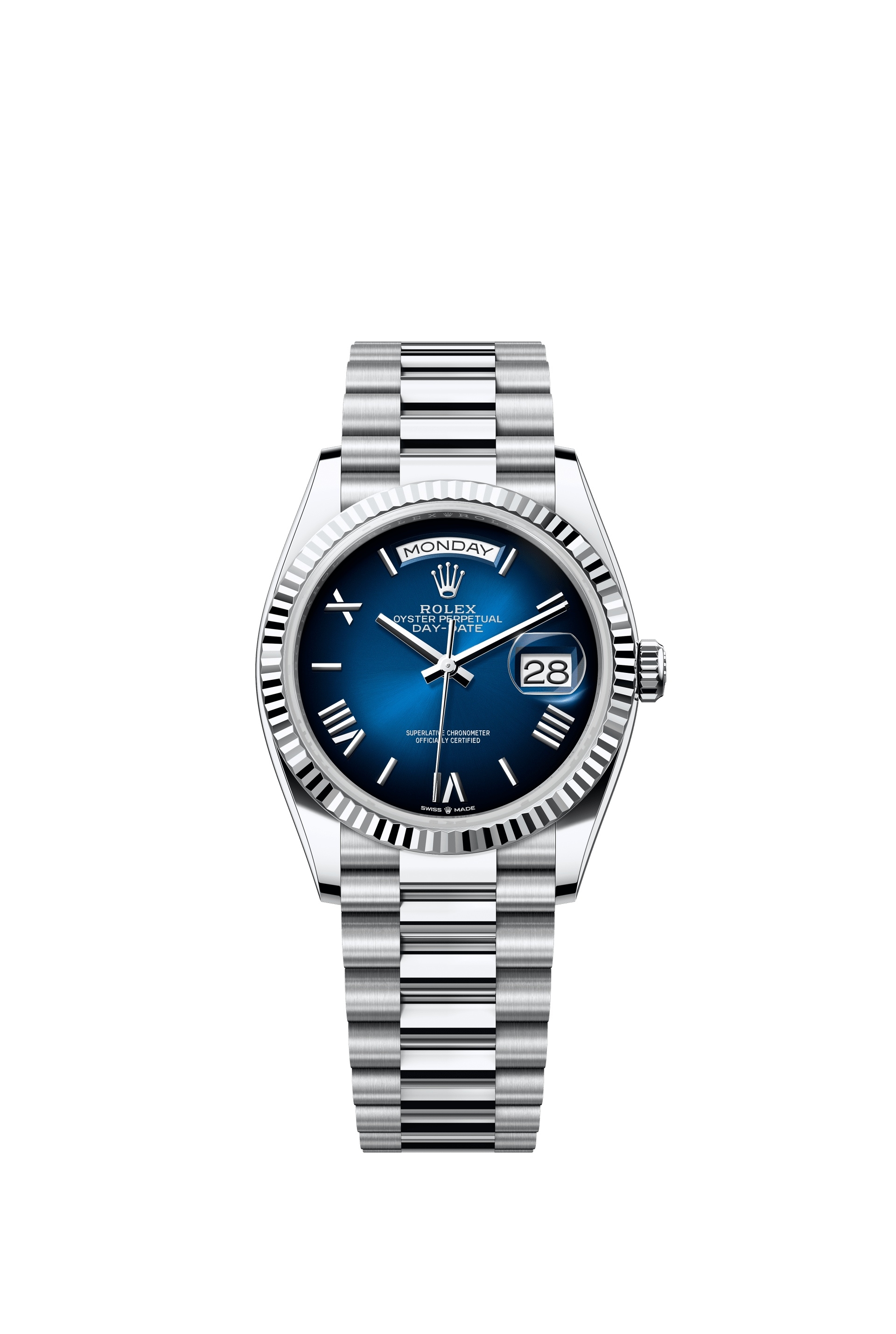Rolex 128236-0020 : Day-Date 36 Platinum - Fluted / Blue Ombré - Roman / President