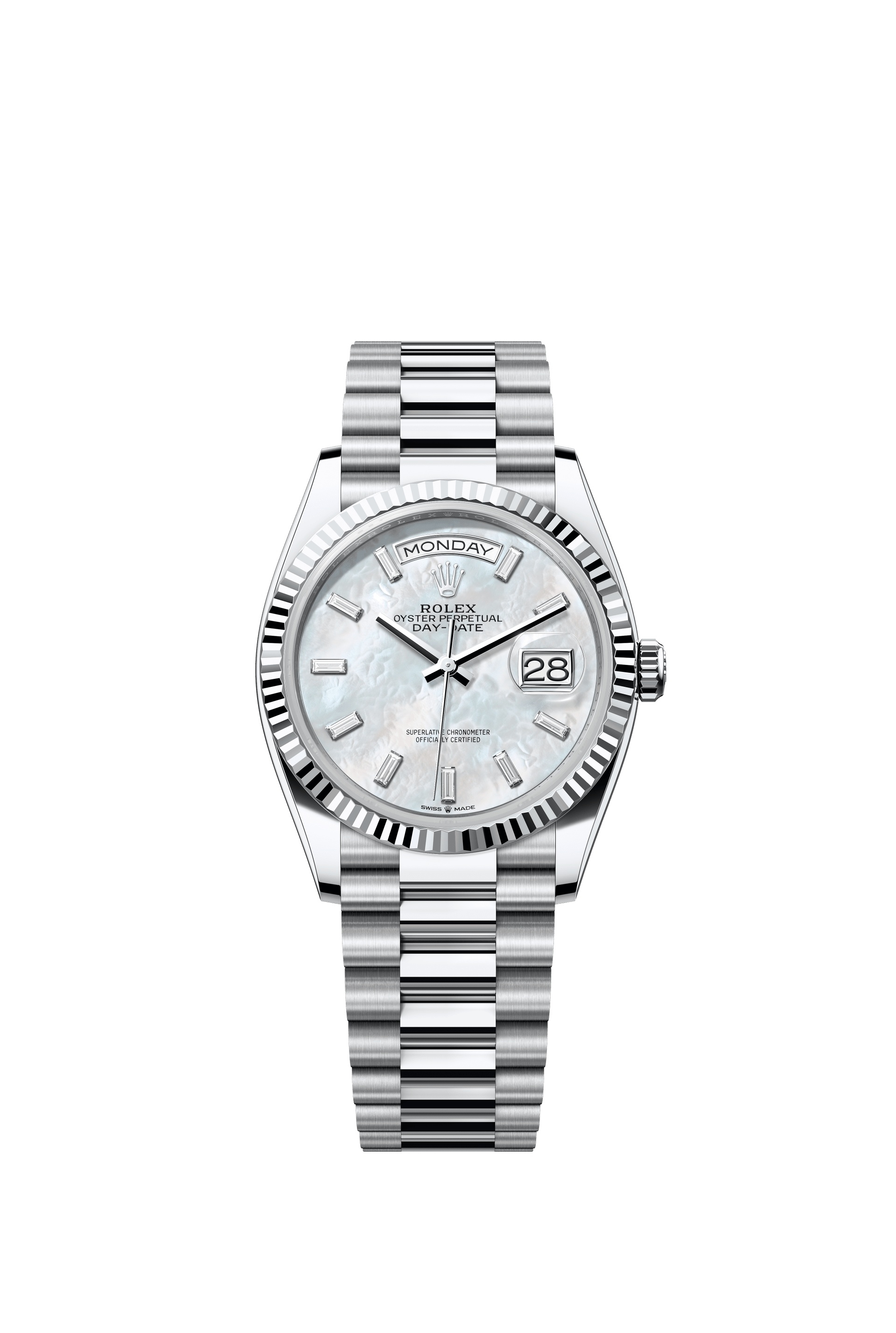 Rolex 128236-0021 : Day-Date 36 Platinum - Fluted / MOP - Baguette / President