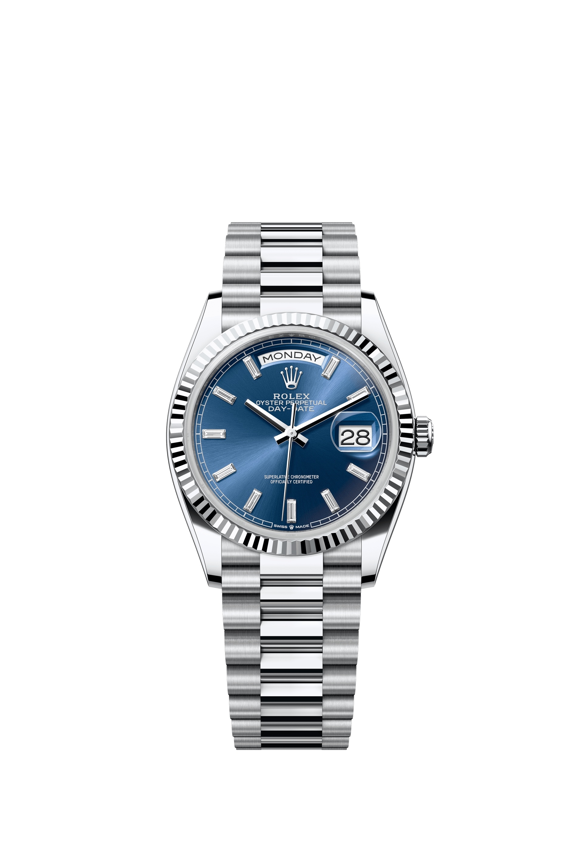 Rolex 128236-0023 : Day-Date 36 Platinum - Fluted / Bright Blue - Baguette / President