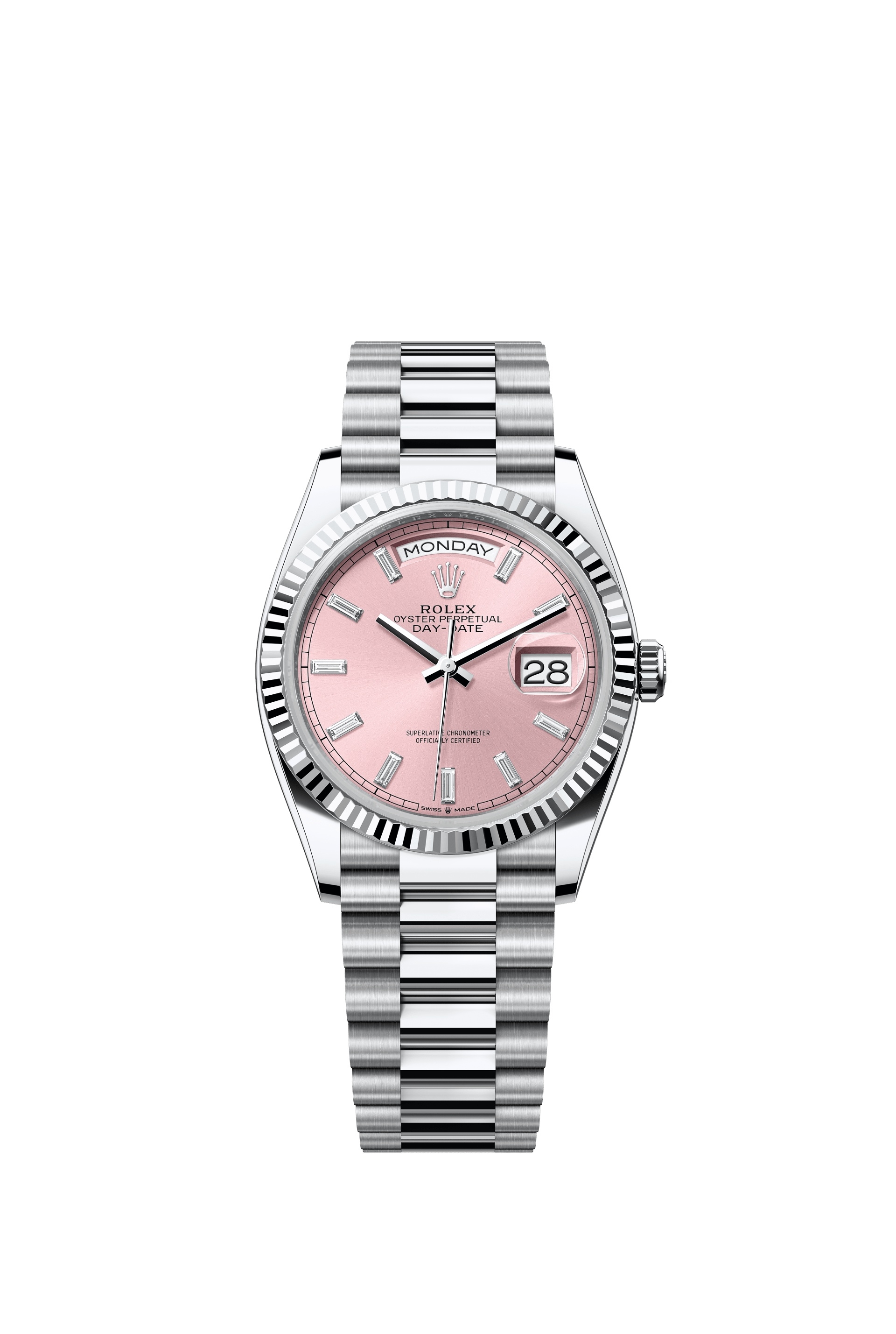 Rolex 128236-0024 : Day-Date 36 Platinum - Fluted / Pink - Baguette / President