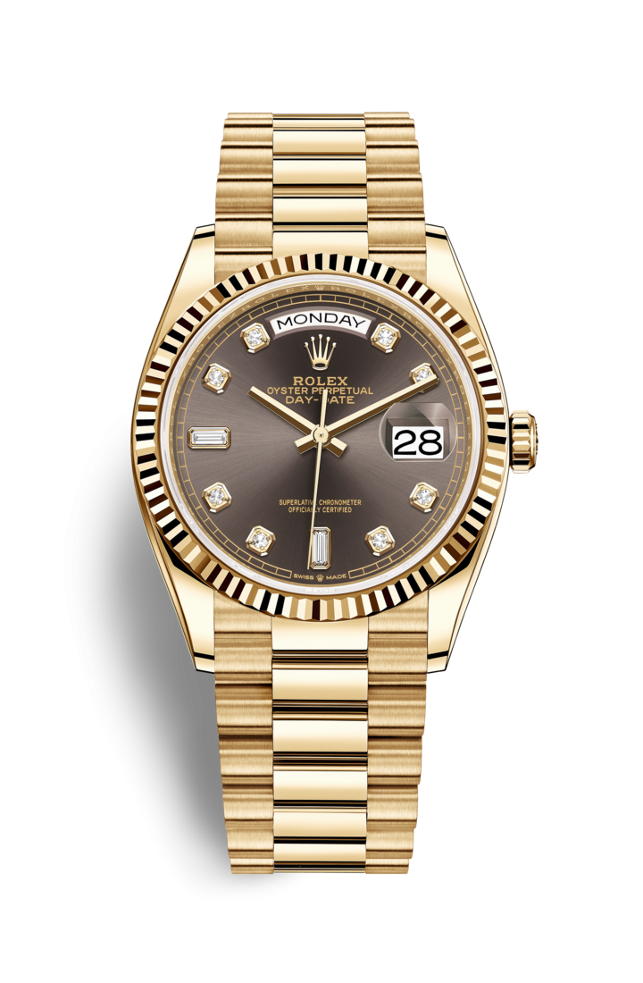 Rolex 128238-0022 : Day-Date 36 Yellow Gold / Fluted / Dark Grey-Diamond / President