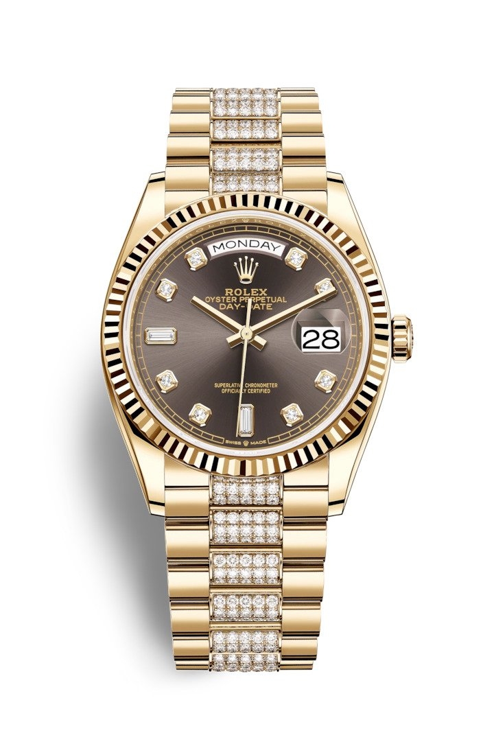 Rolex 128238-0024 : Day-Date 36 Yellow Gold / Fluted / Dark Grey-Diamond / President-Diamond