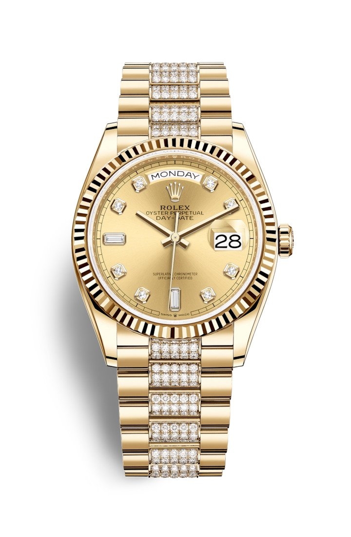 Rolex 128238-0026 : Day-Date 36 Yellow Gold / Fluted / Champagne-Diamond / President-Diamond
