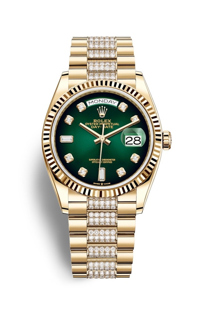 Rolex 128238-0070 : Day-Date 36 Yellow Gold / Fluted / Green Ombré-Diamond / President-Diamond