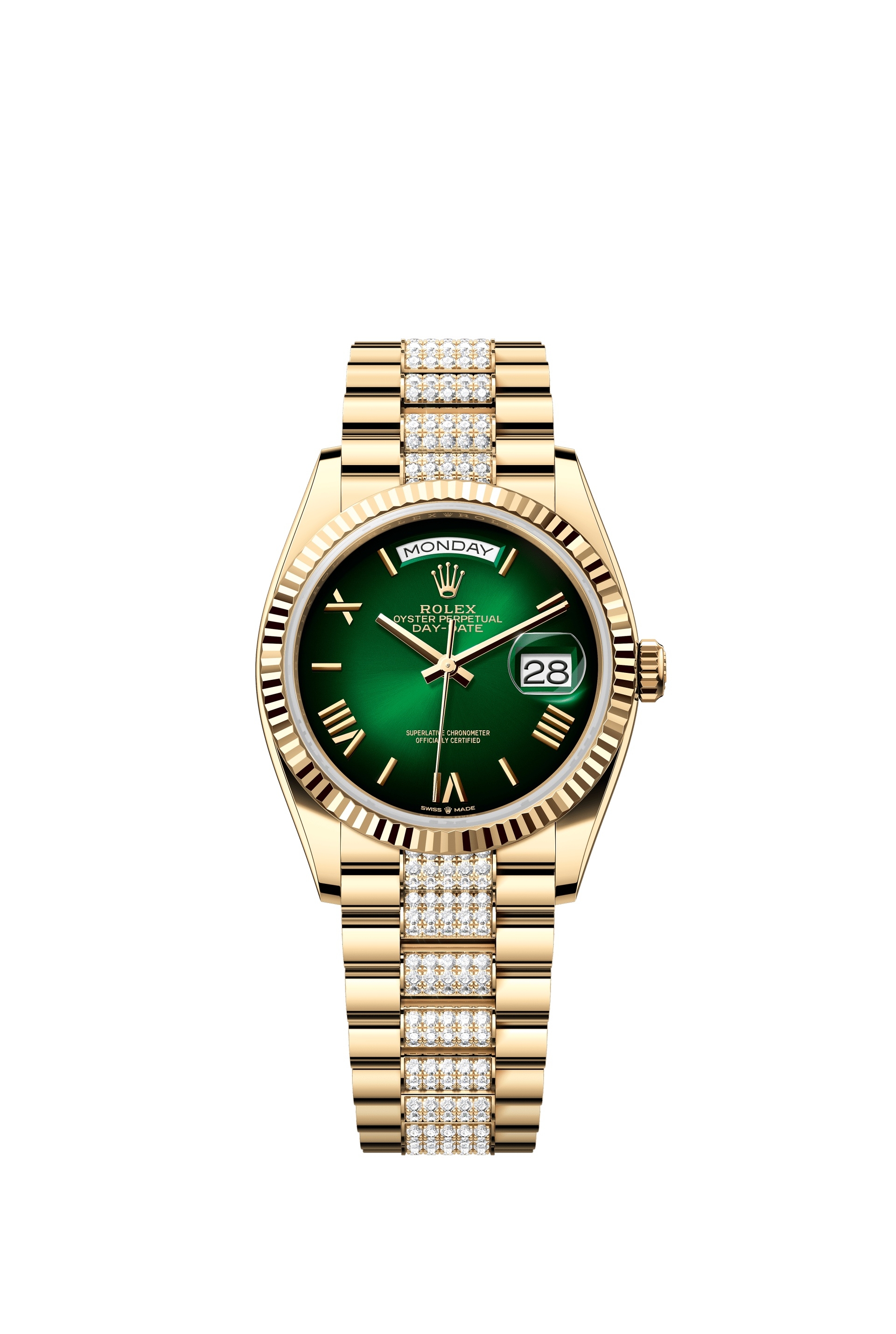 Rolex 128238-0119 : Day-Date 36 Yellow Gold / Fluted / Green Ombré - Roman / President - Diamond