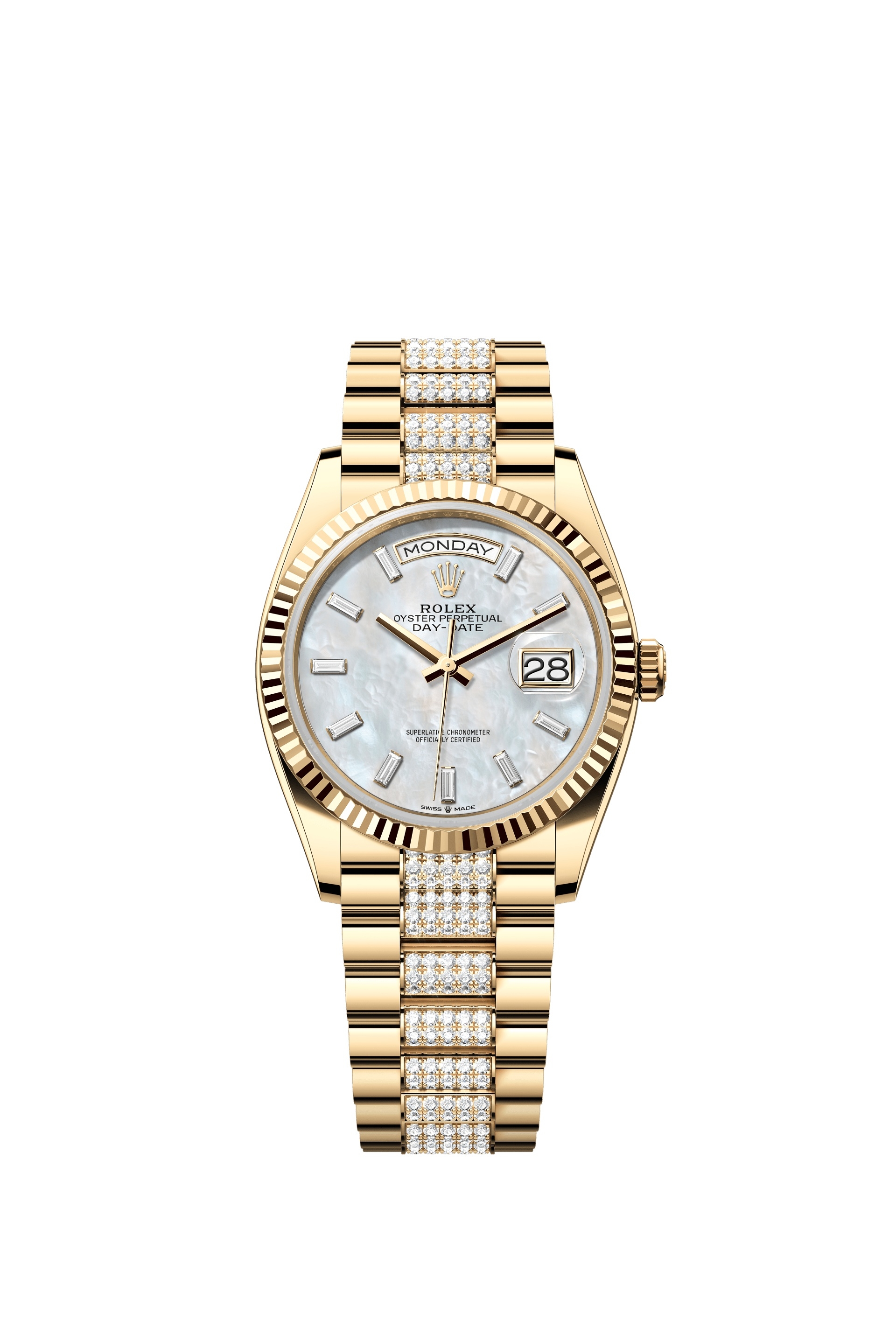 Rolex 128238-0124 : Day-Date 36 Yellow Gold / Fluted / MOP - Baguette / President - Diamond