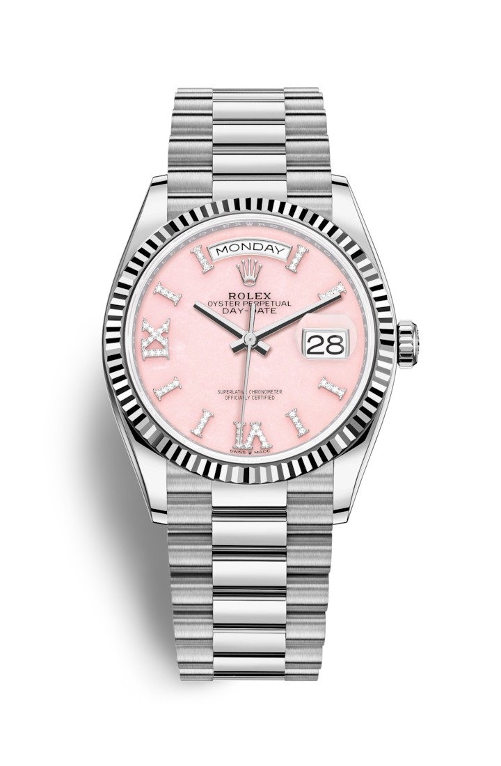 Rolex 128239-0021 : Day-Date 36 White Gold / Fluted / Opal-Diamond / President