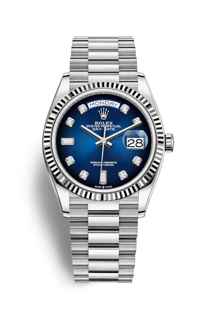 Rolex 128239-0023 : Day-Date 36 White Gold / Fluted / Blue Ombré - Diamond / President