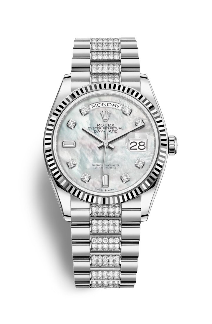 Rolex 128239-0026 : Day-Date 36 White Gold / Fluted / MOP-Diamond / President-Diamond