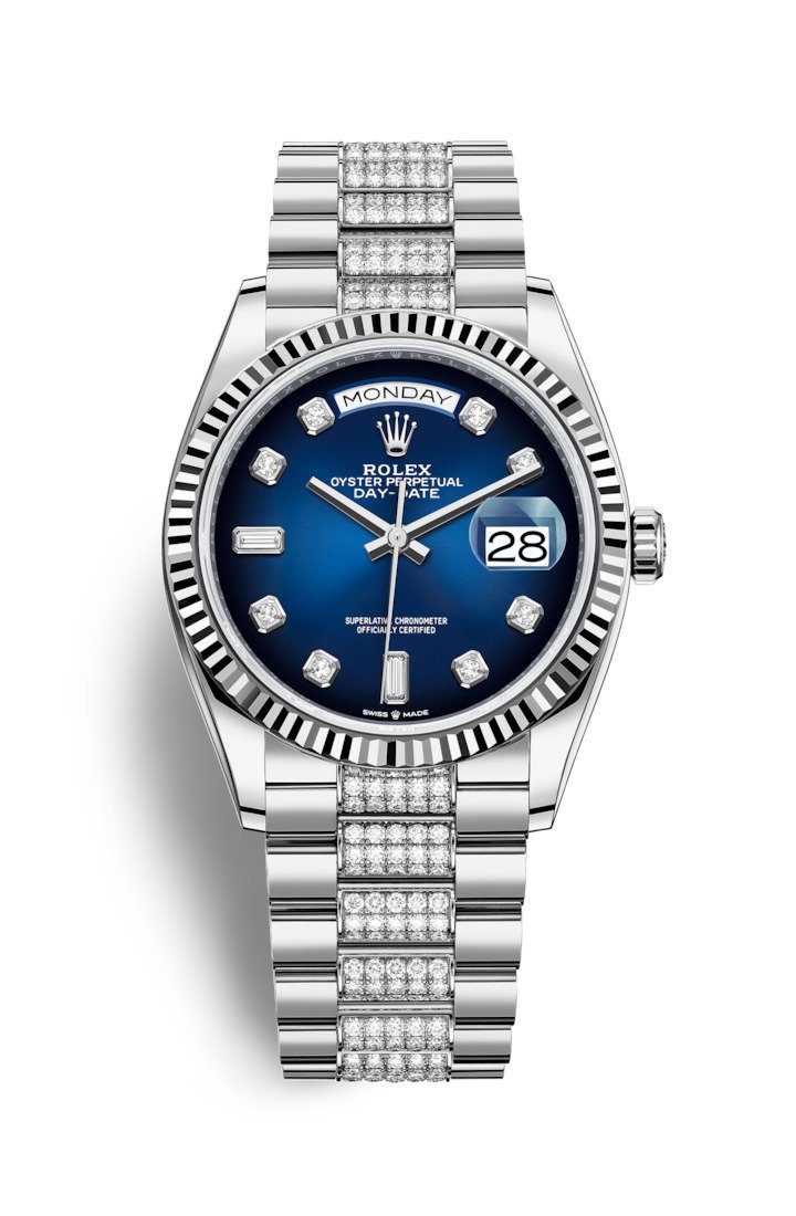 Rolex 128239-0029 : Day-Date 36 White Gold / Fluted / Blue Ombré-Diamond / President-Diamond