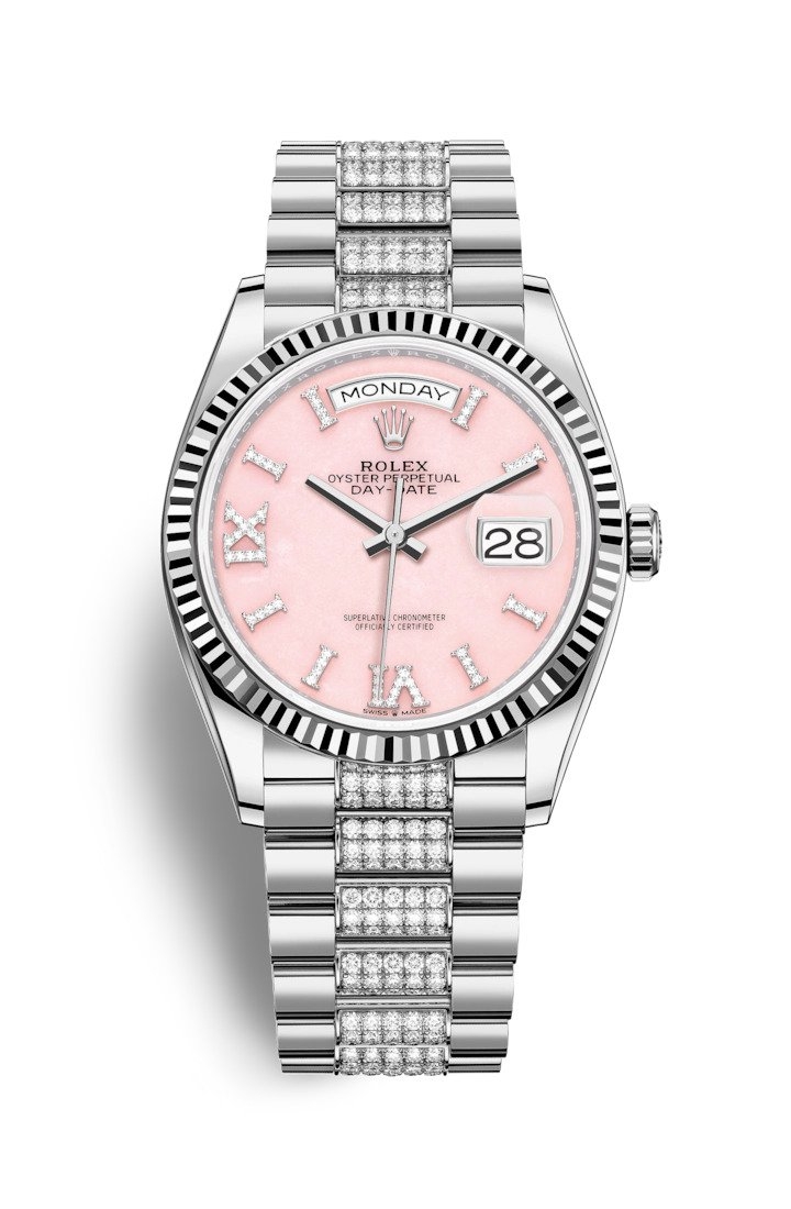 Rolex 128239-0030 : Day-Date 36 White Gold / Fluted / Opal-Diamond / President-Diamond